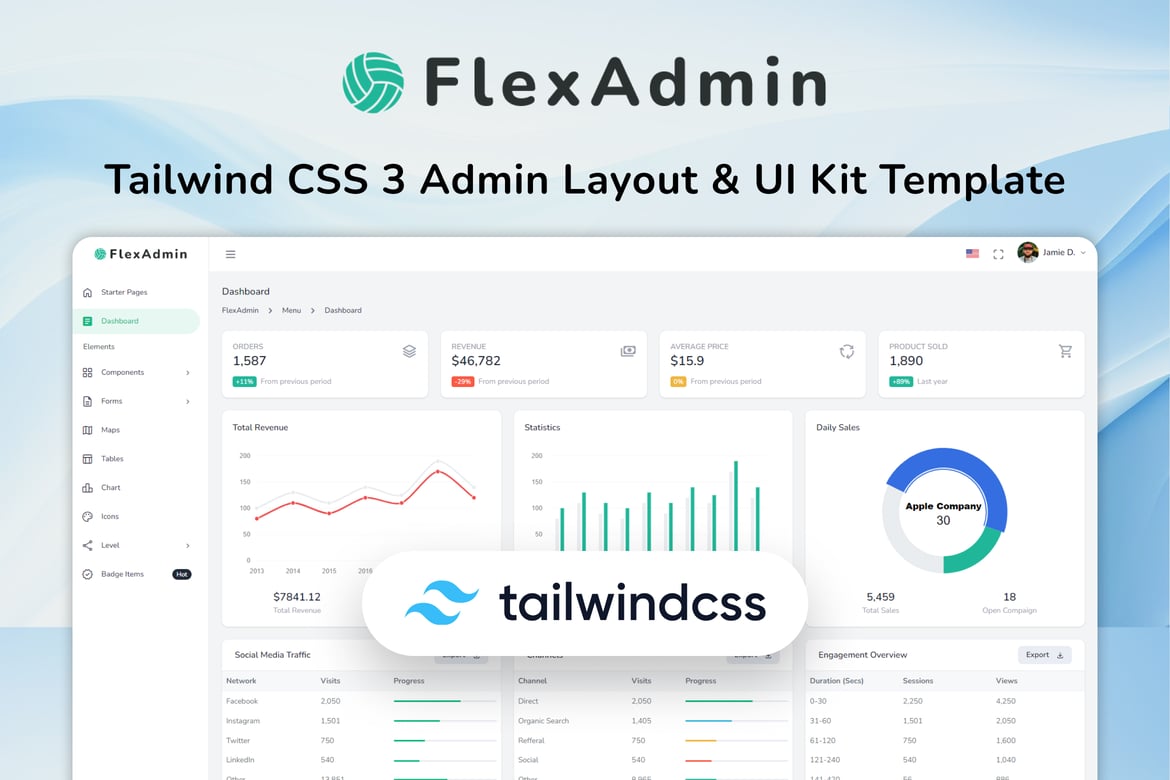 FlexAdmin – قالب HTML داشبورد مدیریت Tailwind