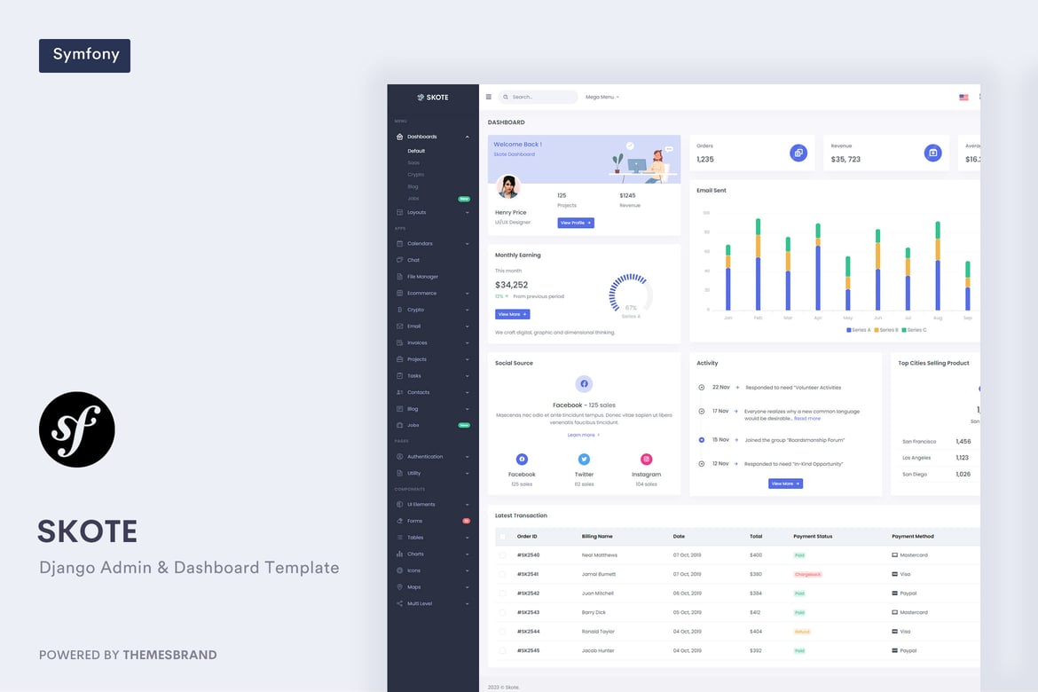 Skote – قالب پنل مدیریت و داشبورد Symfony